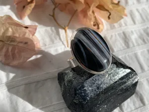 Black Banded Agate Adjustable Ring - A