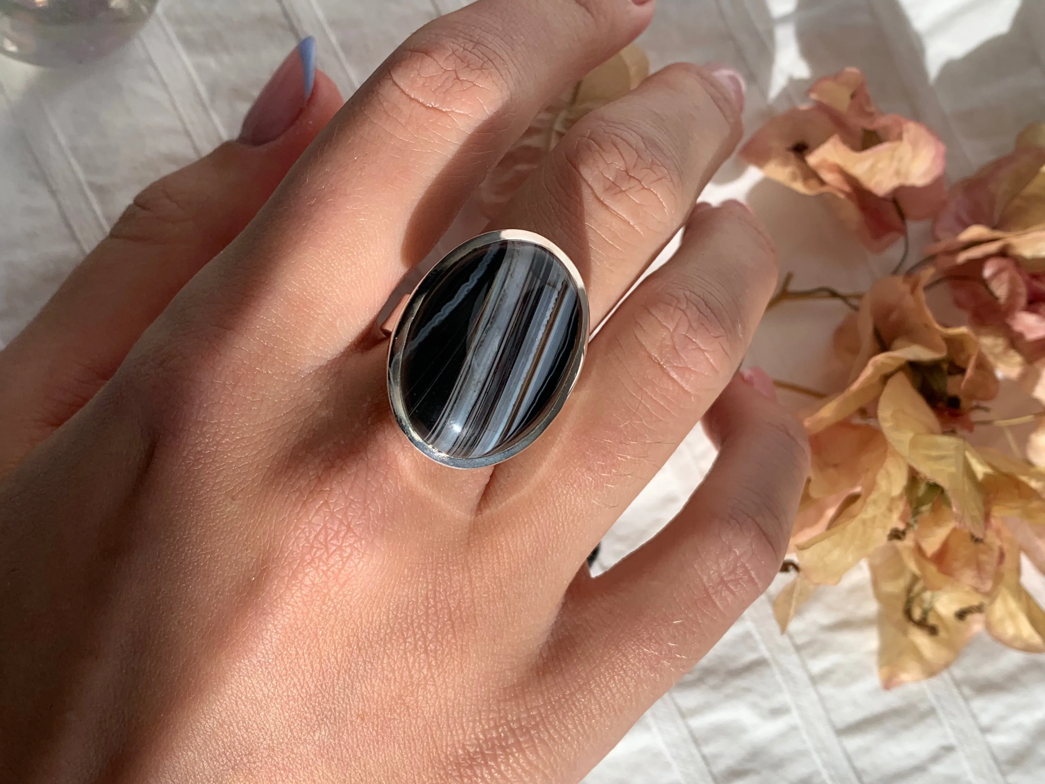 Black Banded Agate Adjustable Ring - A