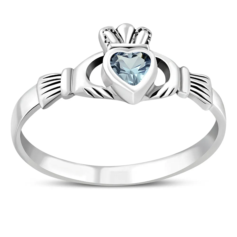 Blue Topaz CZ Irish Claddagh Silver Ring
