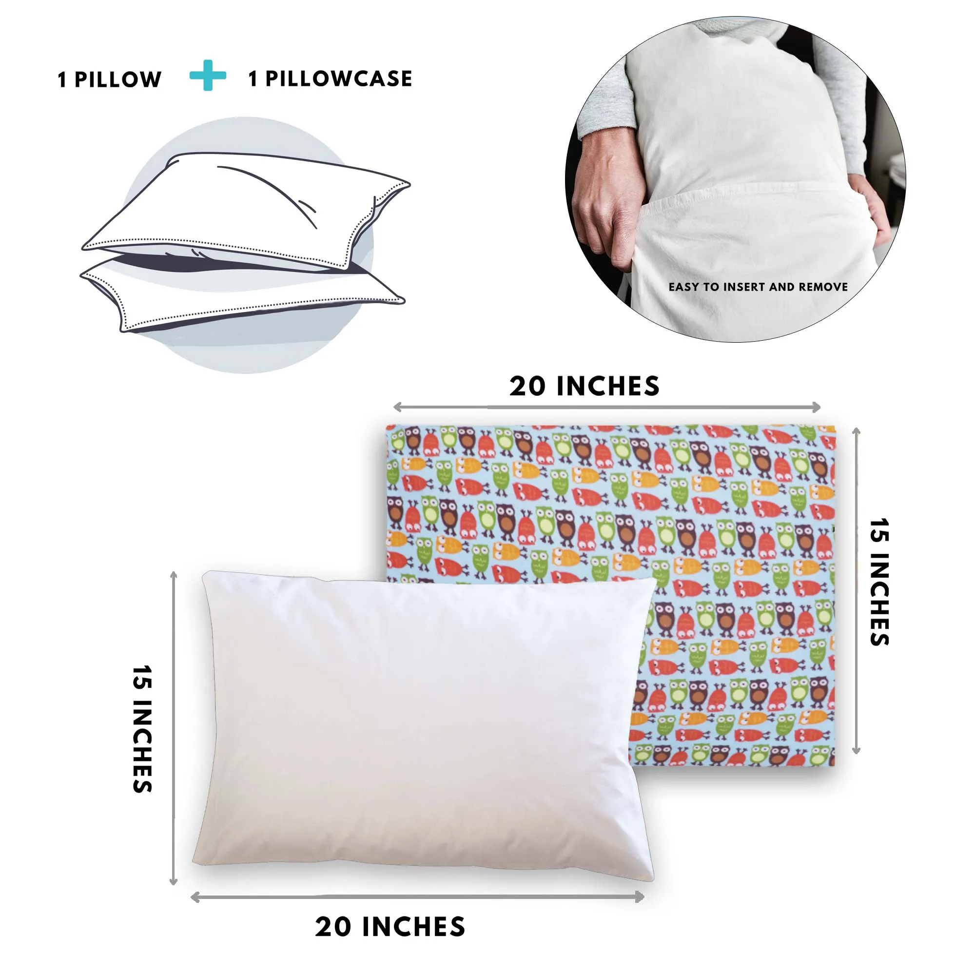 Happy Owls Toddler Pillows with 100% Cotton Removable cover - 20 X 15 Inches | Children Pillows