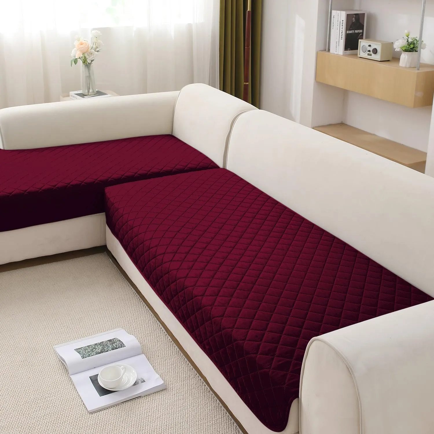HOKIPO Waterproof Quick-Dry Sofa Mat Set for 3 2 L-Shape Sofa, Burgundy