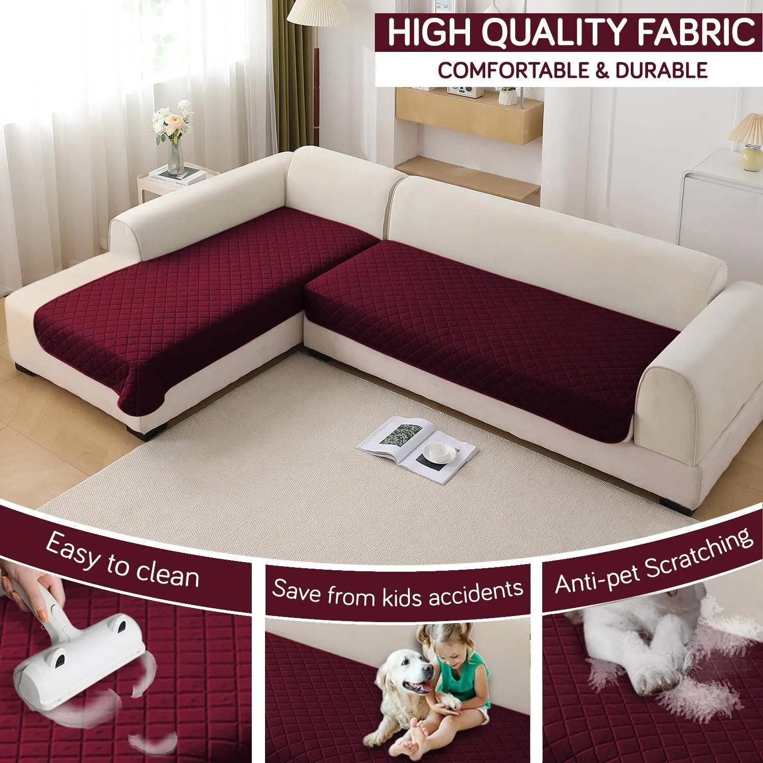HOKIPO Waterproof Quick-Dry Sofa Mat Set for 3 2 L-Shape Sofa, Burgundy