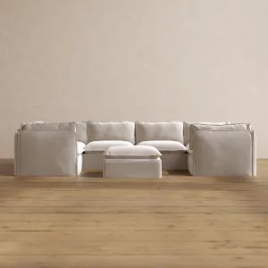 Modular Washable 6-Seater U-Sectional   Ottoman in Mist | Deluxe  Seat | Cloud Pillow