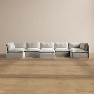 Modular Washable 7-Seater Open-Ends U-Sectional   Ottoman in Milk | Deluxe  Seat | Cloud Pillow