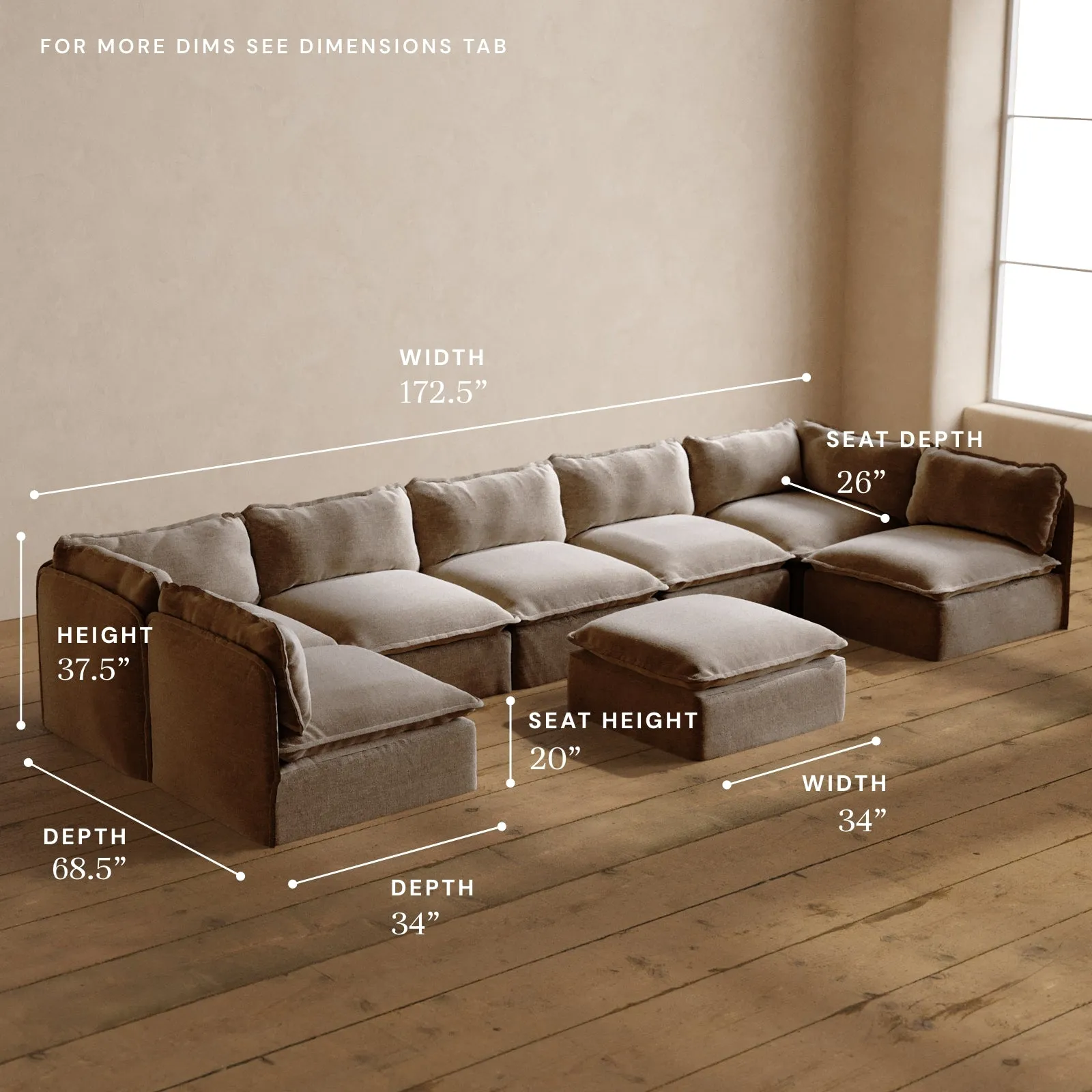 Modular Washable 7-Seater Open-Ends U-Sectional   Ottoman in Mist | Memorix  Seat | Cloud Pillow