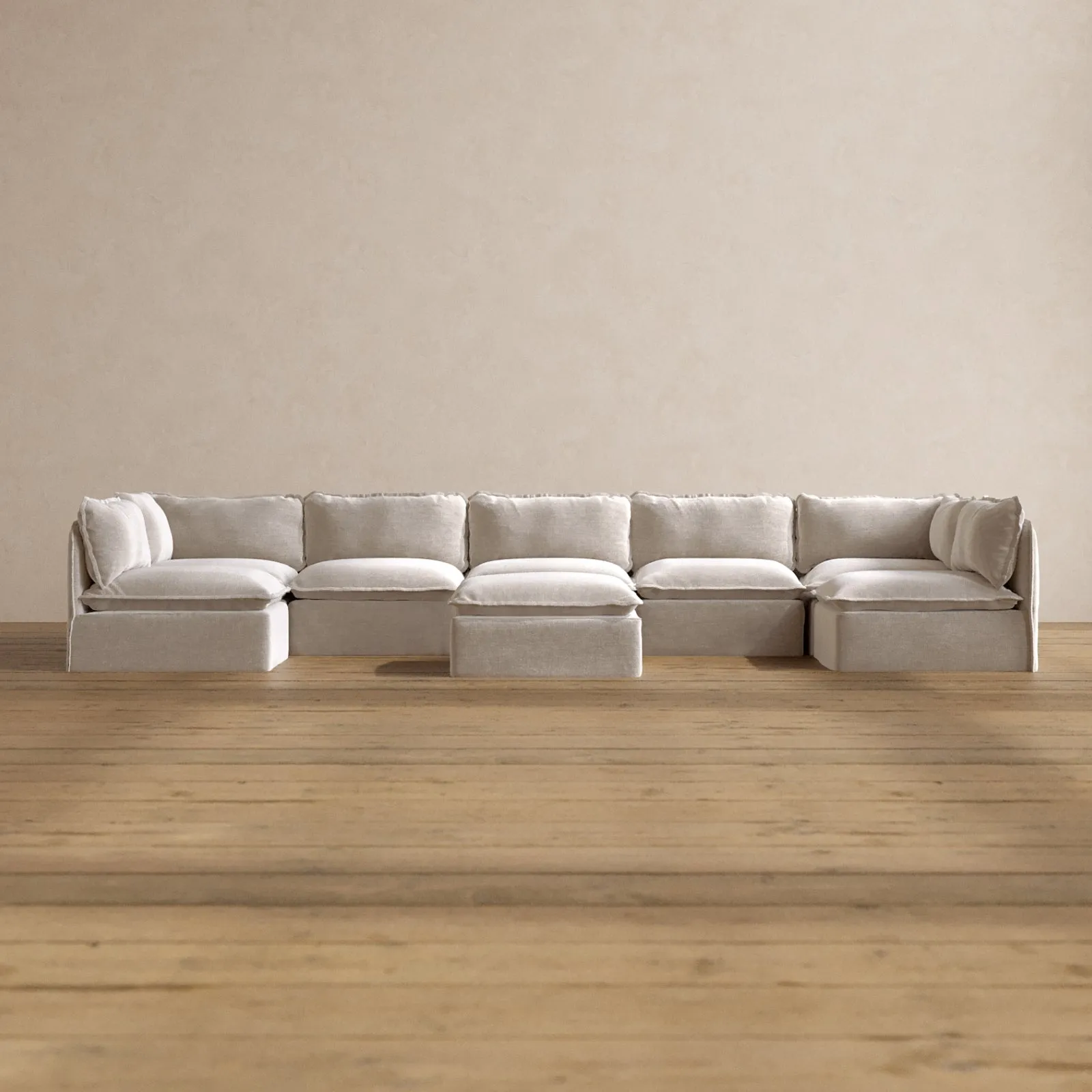 Modular Washable 7-Seater Open-Ends U-Sectional   Ottoman in Mist | Memorix  Seat | Cloud Pillow