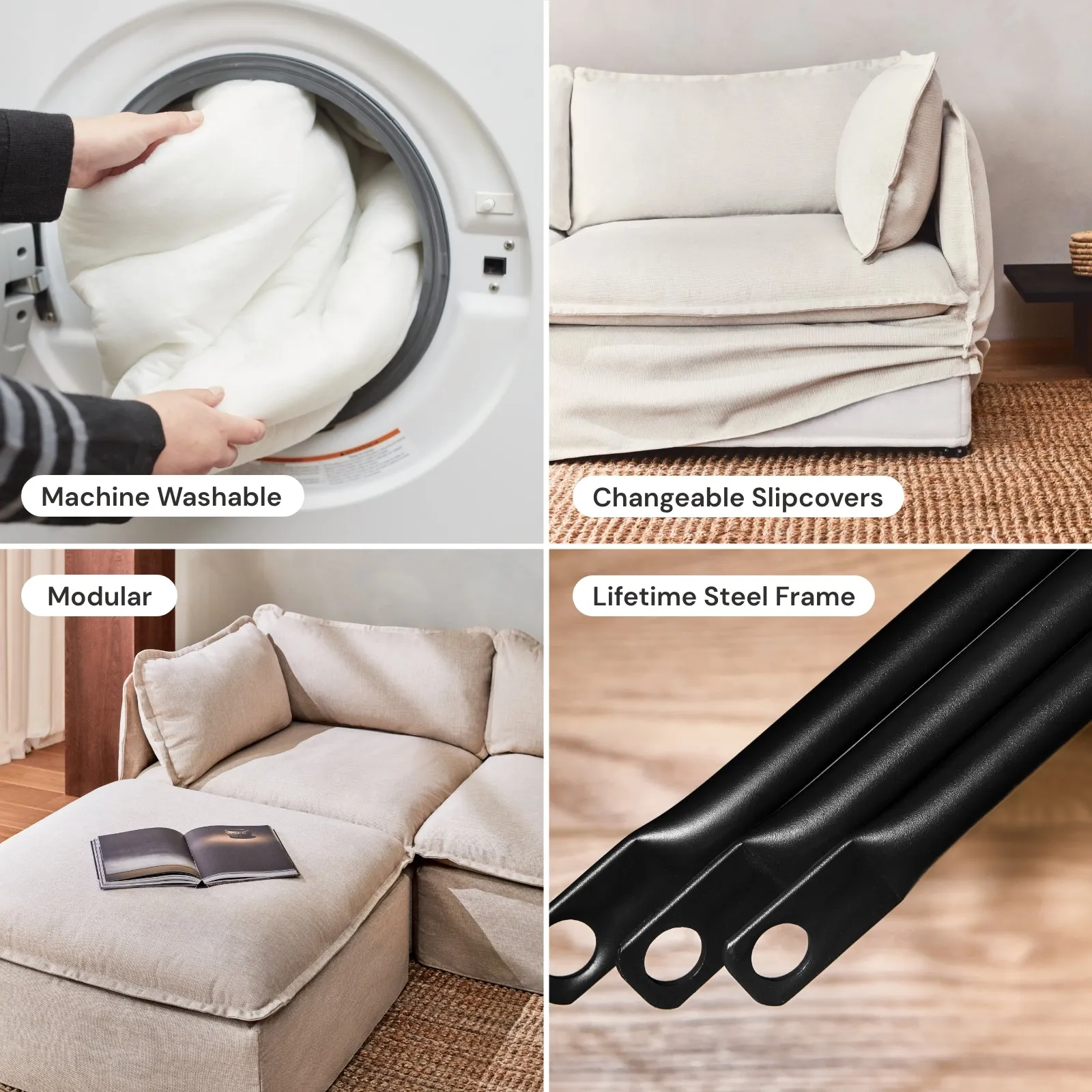 Modular Washable 7-Seater Open-Ends U-Sectional   Ottoman in Mist | Memorix  Seat | Cloud Pillow