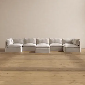 Modular Washable 7-Seater Open-Ends U-Sectional   Ottoman in Mist | Memorix  Seat | Cloud Pillow