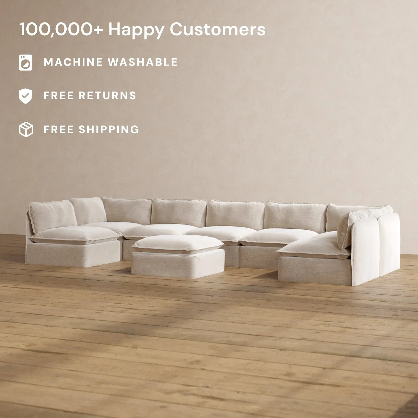 Modular Washable 7-Seater Open-Ends U-Sectional   Ottoman in Mist | Memorix  Seat | Cloud Pillow