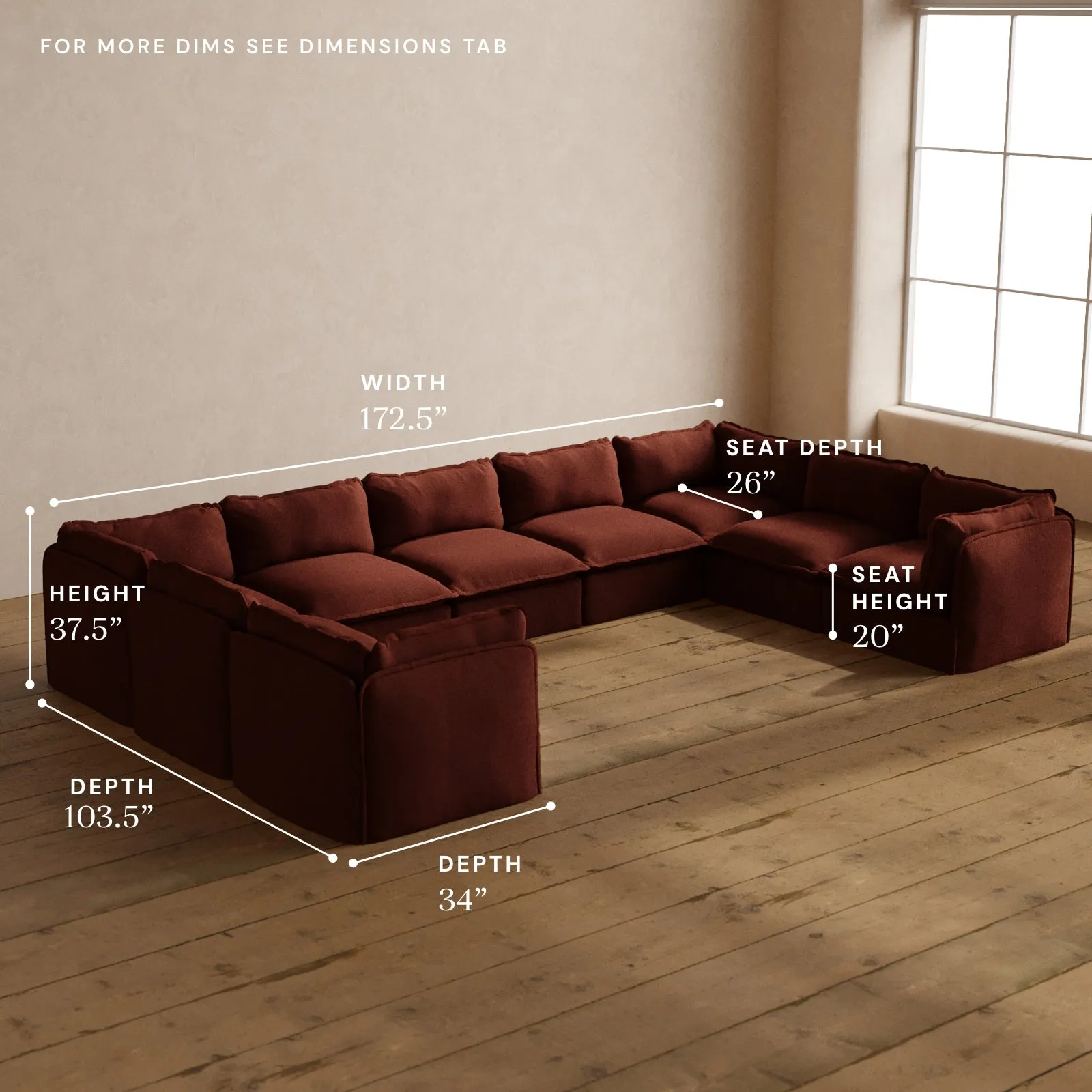 Modular Washable 9-Seater U-Sectional in Rust | Deluxe  Seat | Cloud Pillow