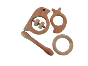 Neem Wooden Teehers & Rattle - Dumb Bell,Ring,Mango&Sparrow Shapes for 0 to 3 Year Kids