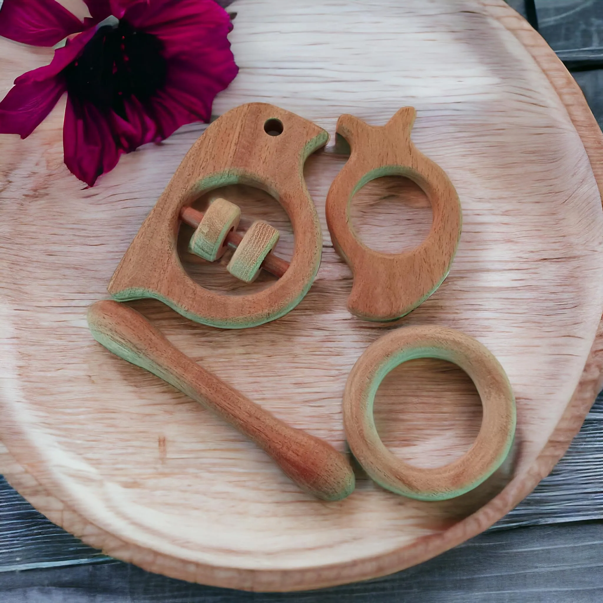 Neem Wooden Teehers & Rattle - Dumb Bell,Ring,Mango&Sparrow Shapes for 0 to 3 Year Kids