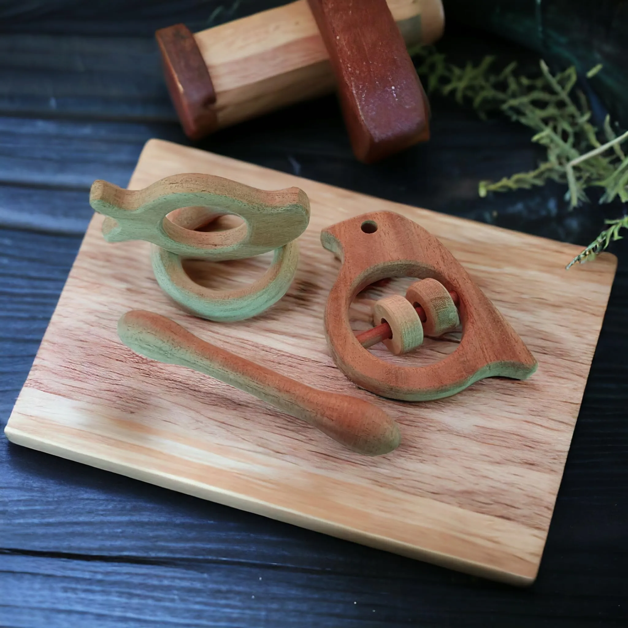 Neem Wooden Teehers & Rattle - Dumb Bell,Ring,Mango&Sparrow Shapes for 0 to 3 Year Kids