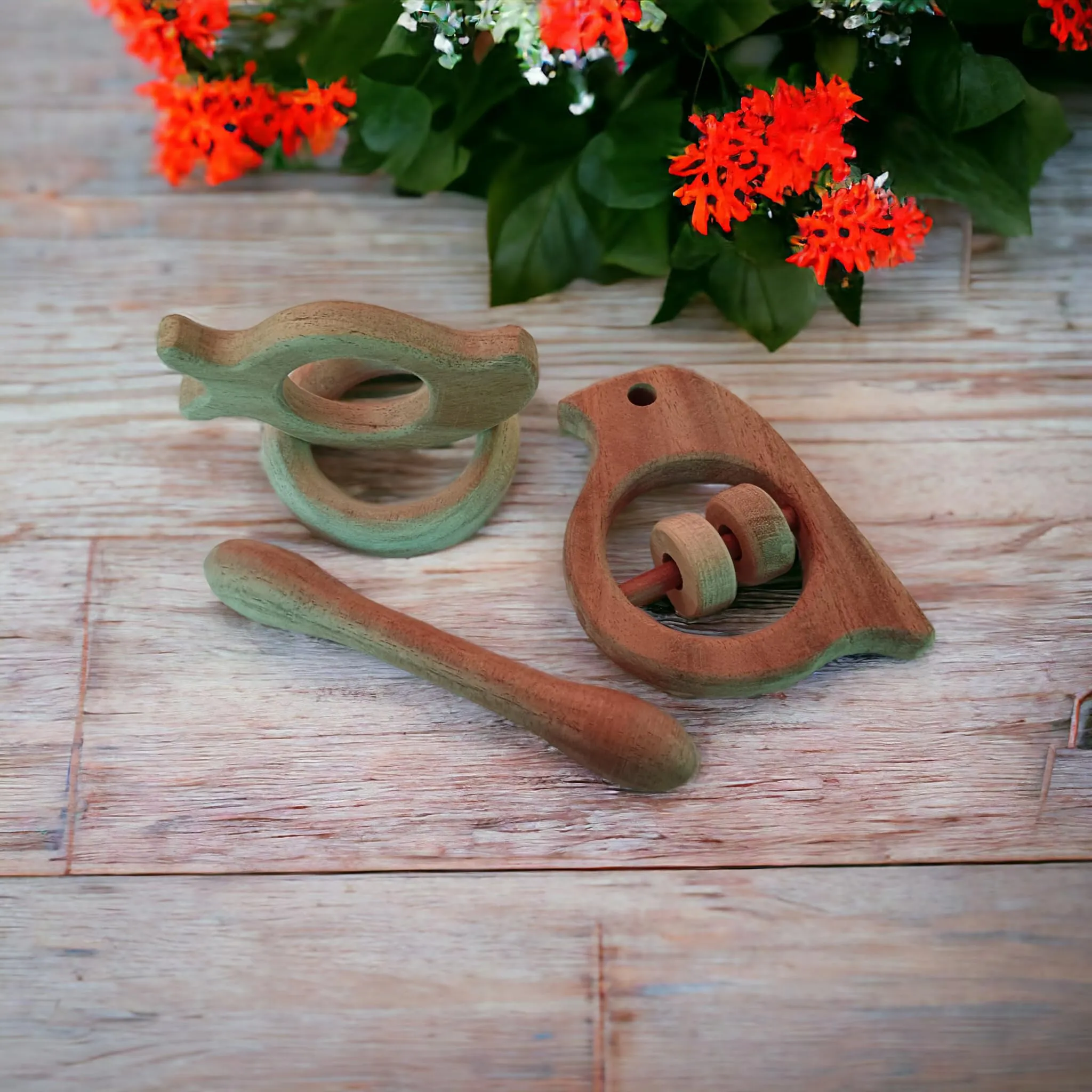 Neem Wooden Teehers & Rattle - Dumb Bell,Ring,Mango&Sparrow Shapes for 0 to 3 Year Kids