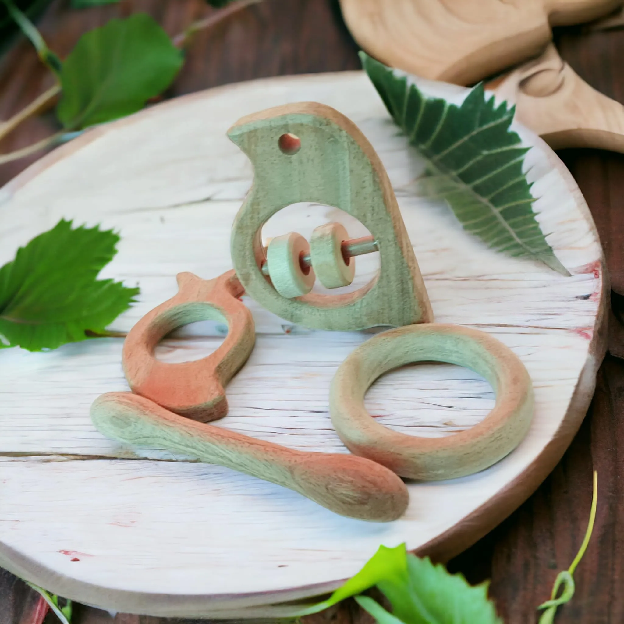 Neem Wooden Teehers & Rattle - Dumb Bell,Ring,Mango&Sparrow Shapes for 0 to 3 Year Kids