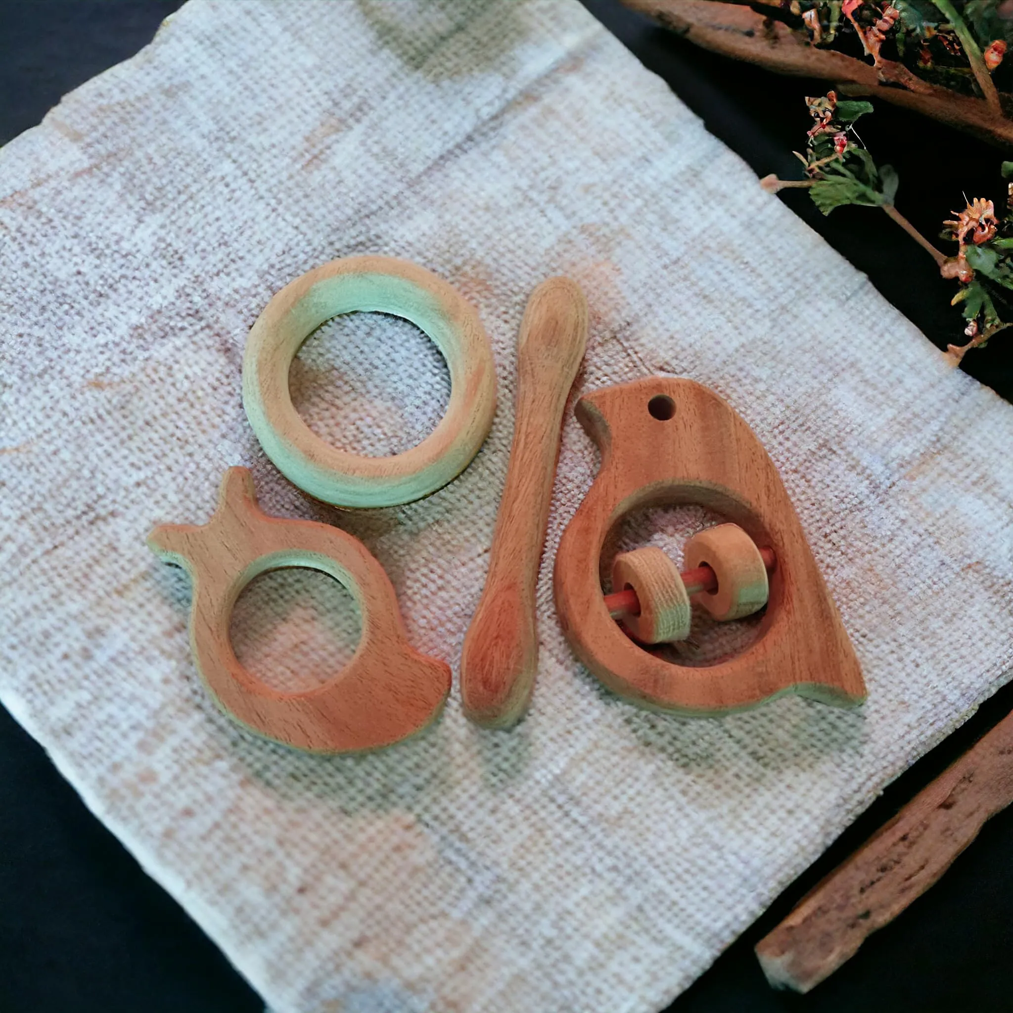 Neem Wooden Teehers & Rattle - Dumb Bell,Ring,Mango&Sparrow Shapes for 0 to 3 Year Kids