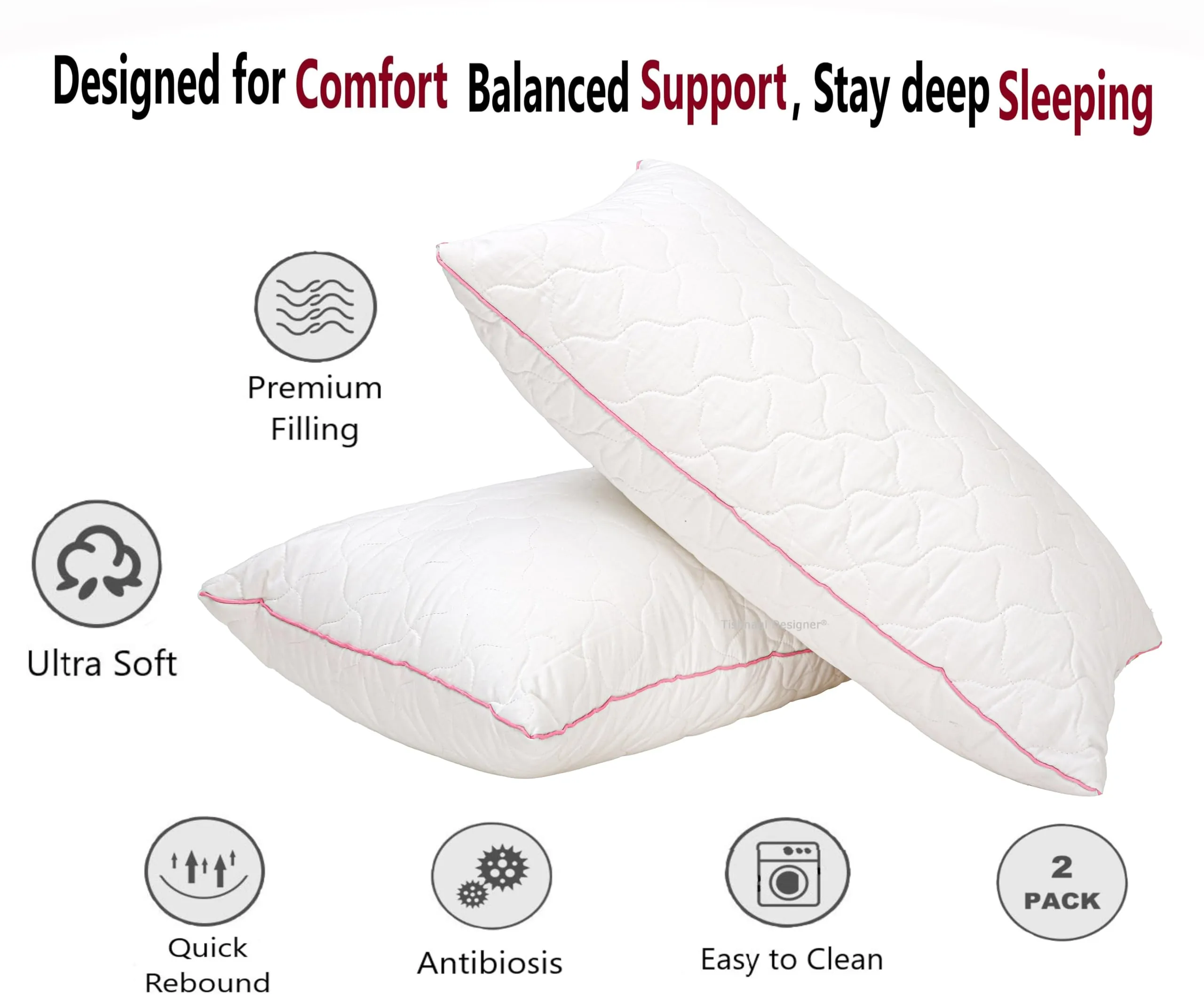 Soft and Fluffy 16 x 26 Bed Pillow for Comfortable Sleep - Decorative Throw Pillow for Lumbar, Backrest - Different Patterns, Affordable and Adjustable Height (18 x 28, Pink-White, 1)